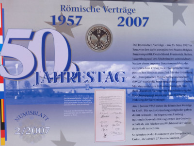 GERMANIA - FDC + MONEDA PROOF - 10 EURO 2007 F, 50 ANI DE LA TRATATUL DE LA ROMA foto
