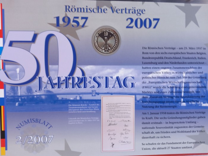 GERMANIA - FDC + MONEDA PROOF - 10 EURO 2007 F, 50 ANI DE LA TRATATUL DE LA ROMA