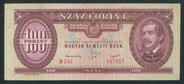 t824 UNGARIA BANCNOTA DE 100 FORINT 1949 VF RARA