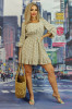 Rochie Midi Casual Bej cu Print Floral, Elastic in Talie, Volane. Rochie de zi, Maneci Lungi, Poliester L809RR-155