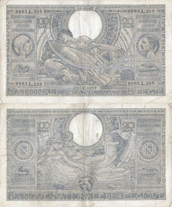 1942 (19 X), 100 francs (P-112a.2) - Belgia