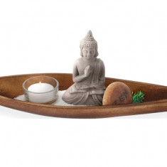 Decoratiune cu lumanare Buddha in canoe, 37x9.5x3.5 cm, lemn