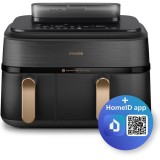 Friteuza dubla cu aer cald si abur Philips Airfryer Seria 5000 NA552/00, 2 cosuri de gatit, capacitate 9L, afisaj digital, ecran tactil, 12 programe p