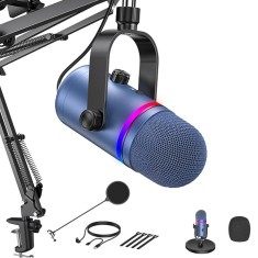 Microfon Profesional MR03, USB, Cardioid, Reducere Zgomot, Mute, RGB, Filtru Pop, Brat Ajustabil, Suport Inclus, PC, Mac, PS4, PS5, Albastru
