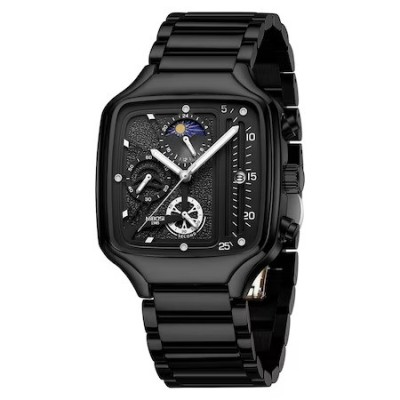 Ceas barbatesc Nibosi Elegant Negru Otel inoxidabil Quartz Analog Patrat foto