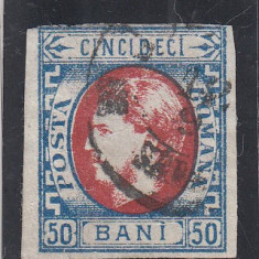 1869 LP 29 CAROL I CU FAVORITI 50 BANI ALBASTRU SI ROSU POINCON L. PASCANU