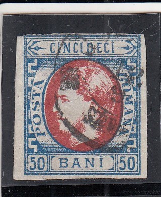 1869 LP 29 CAROL I CU FAVORITI 50 BANI ALBASTRU SI ROSU POINCON L. PASCANU foto