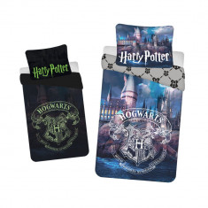 Lenjerie de pat Harry Potter Hogwarts, 2 Piese, 140x200 cm, 70A 90 cm, 100% Bumbac, Fosforescent