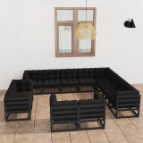 vidaXL Set mobilier grădină cu perne, 12 piese, negru, lemn masiv pin 3077008