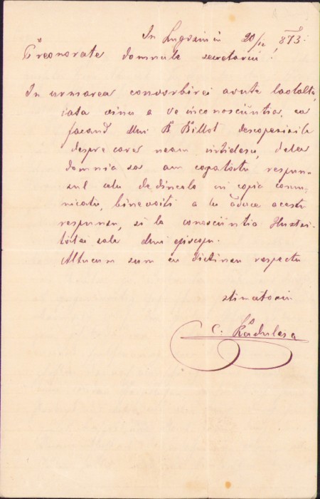 HST 423S Scrisoare olografă 1873 Constantin Rădulescu primar Lugoj