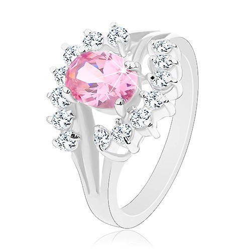 Inel de culoare argintie, zirconiu oval, roz, arcade transparente - Marime inel: 52
