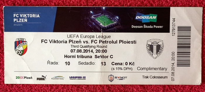 Bilet meci fotbal VIKTORIA PLZEN - PETROLUL PLOIESTI (Europa League 07.08.2014)