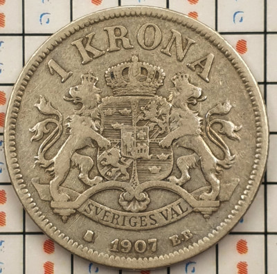 Suedia 1 coroana krona 1907 argint - km 772 - A003 foto