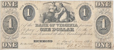1862, 1 Dollar (VA-200-G62) - Bank of Virginia - Richmond, Virginia - SUA foto