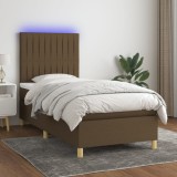 vidaXL Pat cu arcuri, saltea și LED, maro &icirc;nchis, 90x190 cm, textil