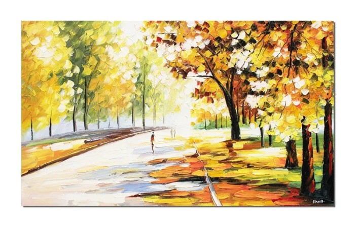 Tablou 3D peisaj pictat manual, Plimbare relaxanta prin parc, 100x60cm ulei pe panza in cutit