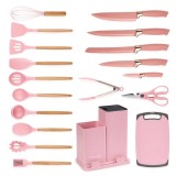Set 17 ustensile de gatit din silicon cu maner rezistent din bambus, suport si tocator, roz