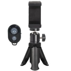 Kit suport smartphone cu mini trepied ABS si cap rotativ 360 , suport telefon reglabil 5.5, 8 cm si telecomanda bluetooth universala, montura 1 4 inch
