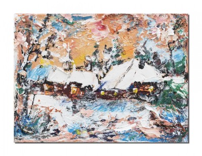 Tablou peisaj de iarna pictat manual, 40x30cm acril pe panza in cutit efect 3D Kenny Varniote foto
