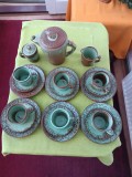 Ceramica verde vintage stilul Frankoma superb ser de cafea/ceai si mic dejun