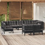 Cumpara ieftin Set mobilier grădină cu perne, 9 piese, negru, lemn masiv pin