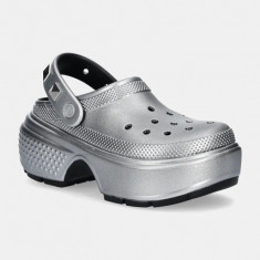 Crocs papuci Stomp Metallic Clog femei, culoarea argintiu, cu platforma, 210362