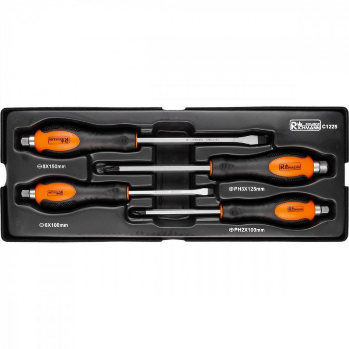 Set surubelnite de impact, late si cruce, sertar TIP A (385x150 mm) pentru dulap mobil, PH2-3, 6-8 mm, 125-150 mm, 4 buc, RICHMANN