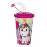 Pahar cu capac si pai pentru bauturi,Magic Unicorn,plastic,400 ml, Oem