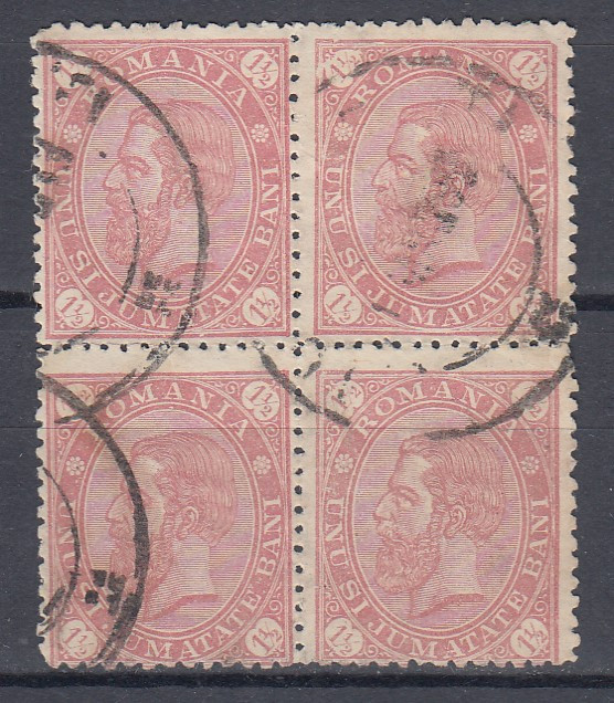 ROMANIA1890/91 LP 47a CAROL I CIFRA IN 4 COLTURI FARA FILIGRAN BLOC 4 STAMPILAT