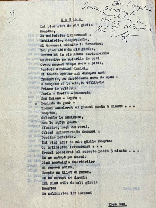 Ioan Reu - manuscris dactilografiat cu dedicatie - 3 poezii