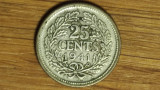 Surinam &amp; Curacao -moneda argint rara- 25 cents 1941 tiraj 500k - pt cunoscatori