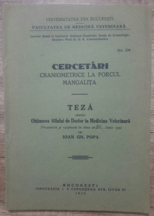 Cercetari craniometrice la porcul Mangalita/ 1933