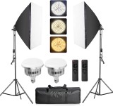 Cumpara ieftin Kit de 2 softboxuri, 2 trepiezi reglabili 200 cm, 2 becuri LED de 105W cu telecomanda control, geanta de transport inclusa