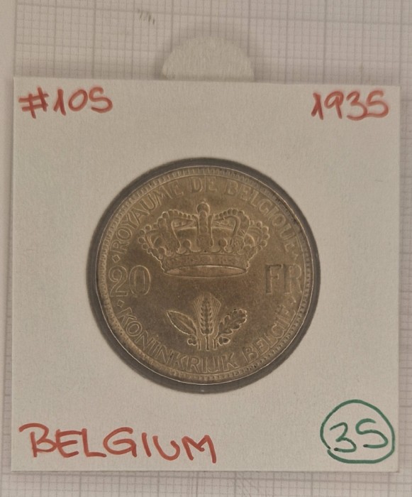 Belgia Belgium, 20 Francs 1935, KM#105, Argint, Leopold III
