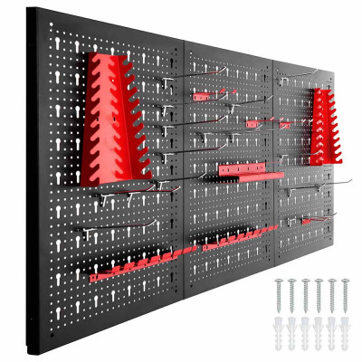 Panou metalic de perete pentru unelte cu carlige si rafturi foto