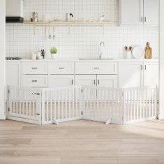 vidaXL Poartă c&acirc;ini pliabilă cu ușă, 4 panouri, alb, 320 cm, lemn plop 352249