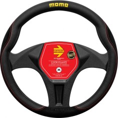 Husa volan Momo Comfort, microfibra, negru cu cusatura rosie