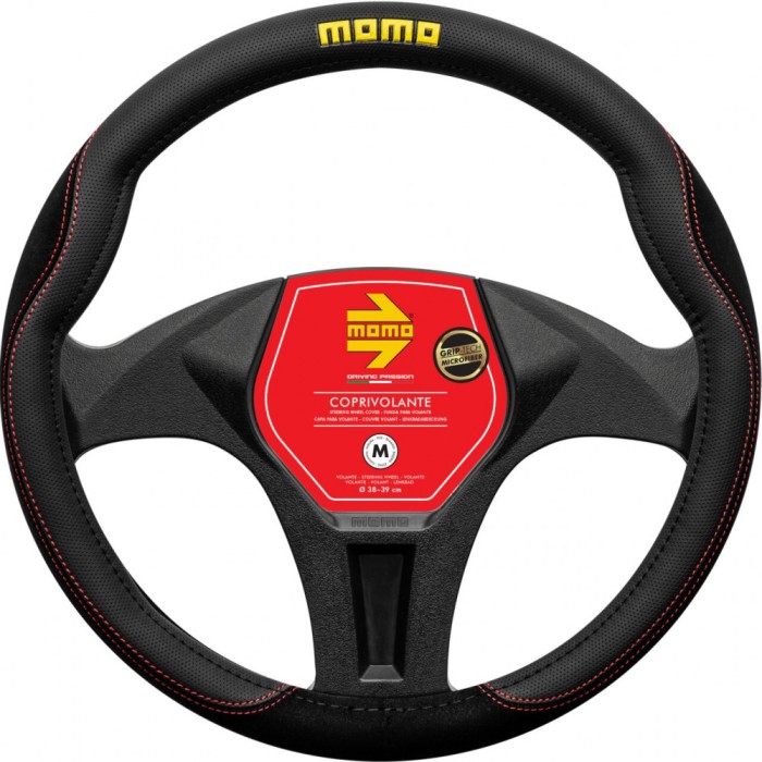 Husa volan Momo Comfort, microfibra, negru cu cusatura rosie