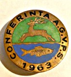 INSIGNA CONFERINTA AGVPS 1963 EMAIL CALD VANATOARE PESCUIT AJVPS AVPS RARA, Romania de la 1950