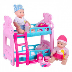 Set 2 bebelusi cu paturi suprapuse si accesorii, 28 cm, multicolor foto