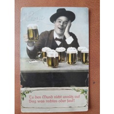 Carte postala, barbat cu halbe de bere, 1911