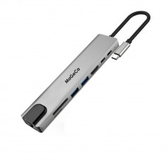 Adaptor Multiport HUB MaGeCa® 8 in 1 USB Type-C la 1xHDM 4K, 1xEthernet RJ45, 1xSD Card Reader, 1xTF Card Reader, 2xUSB3.0, 1xType-C, 1xPower Delivery