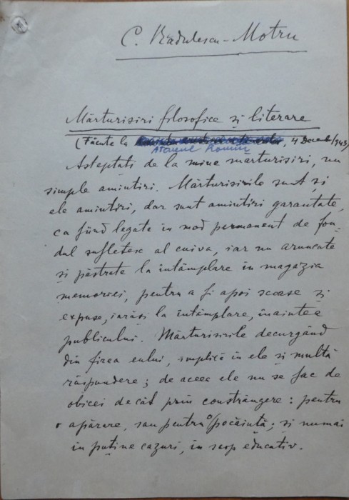 Constantin Radulescu Motru, Marturisiri filosofice, manuscris de 43 pagini