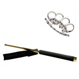 Cumpara ieftin Set Autoaparare: Baston Telescopic Auriu 65cm + Box Pumnal Craniu Argintiu, Otel, Husa Curea