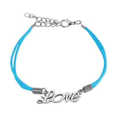 Brățară din șnur albastru deschis, inscripție decorativă, Love, de culoare argintie foto