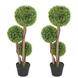 HOMCOM Set 2 Plante Artificiale Buxus cu 3 Sfere, Ghiveci Inaltime 90 cm Interior Exterior