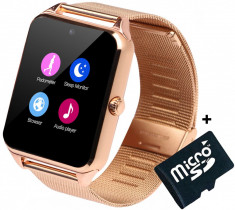 Ceas Smartwatch cu Telefon iUni Z60, Curea Metalica, Touchscreen, Camera, Notificari, Gold + Card MicroSD 4GB Cadou foto