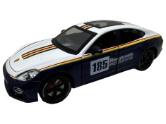Macheta Auto Porsche Panamera Racing alb negru cu fum 1:24 metal lumini si sunete usi capota portbagaj deschise
