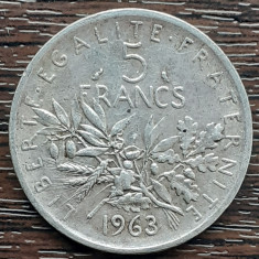 (A572) MONEDA DIN ARGINT FRANTA - 5 FRANCS 1963, SEMANATOAREA, 12 GRAME, AG 835