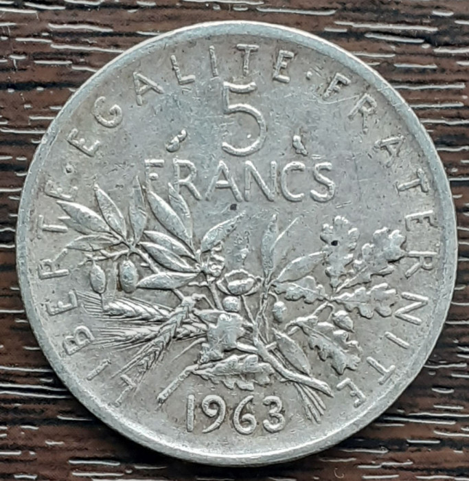 (A572) MONEDA DIN ARGINT FRANTA - 5 FRANCS 1963, SEMANATOAREA, 12 GRAME, AG 835